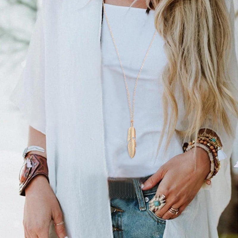 Yalice Boho Feather Pendant Necklace Chain Long Leaf Necklaces Jewelry Y Necklace for Women (Gold) - Image 3